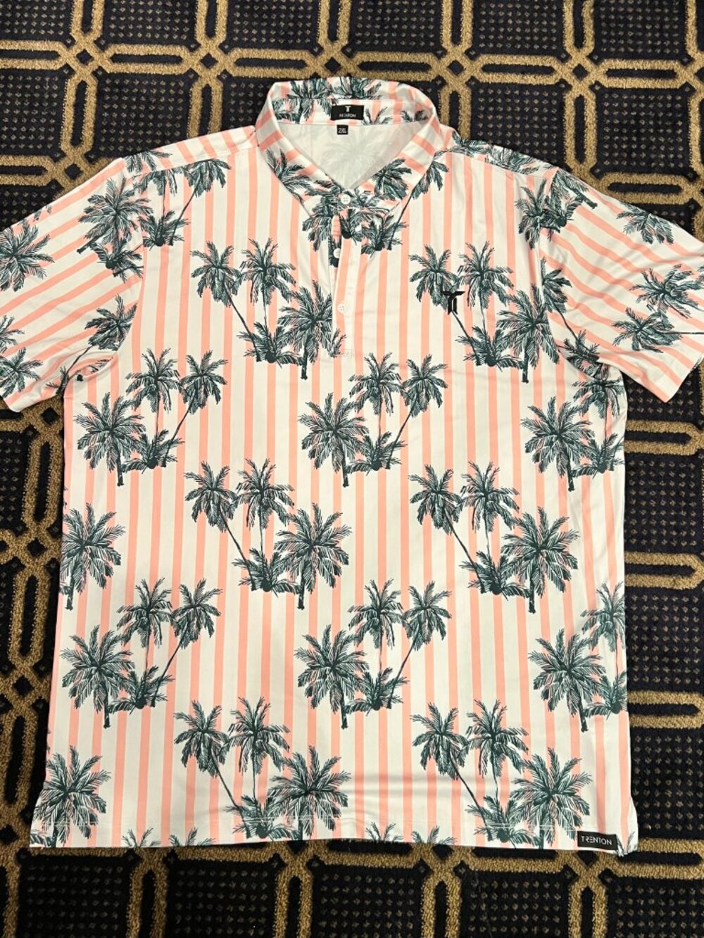 Trenton Men’s 2XL Golf Polo Pink Stripe Palm Tree Print Performance Shirt XXL